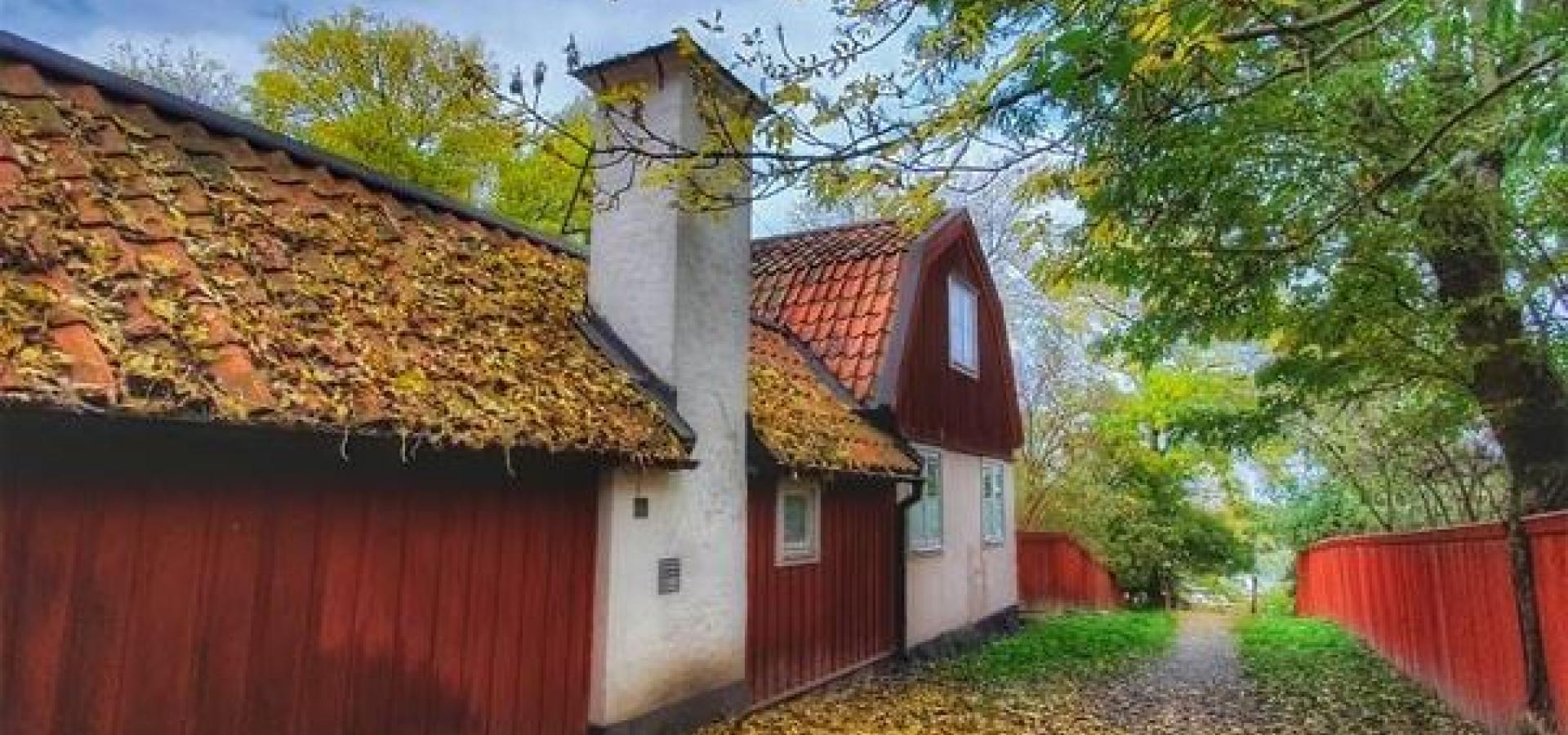 Ett gammalt rött hus längsmed en väg med höstlöv på